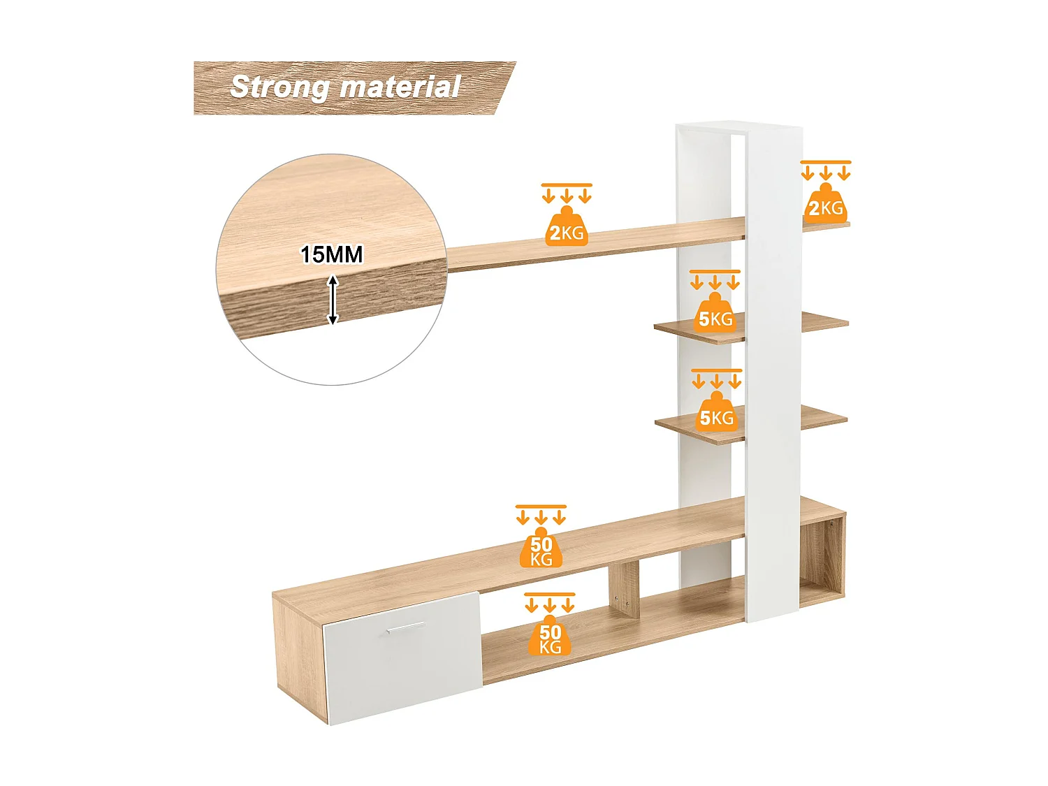 TV-wand met opbergruimte - 3 vakken en 3 planken - Wit & Naturel
