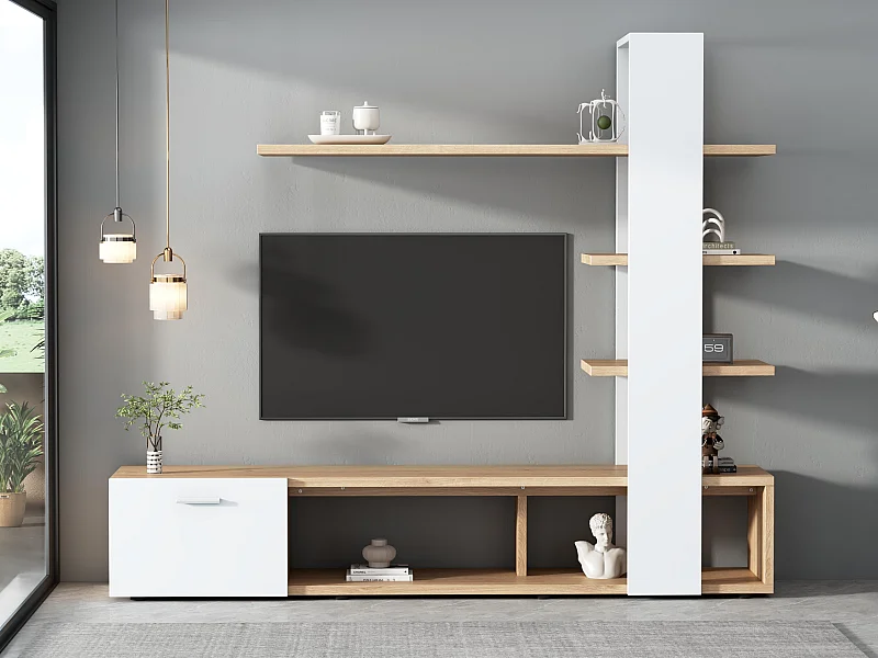 Mur TV avec rangements - 3 compartiments et 3 étagères - Blanc & Naturel