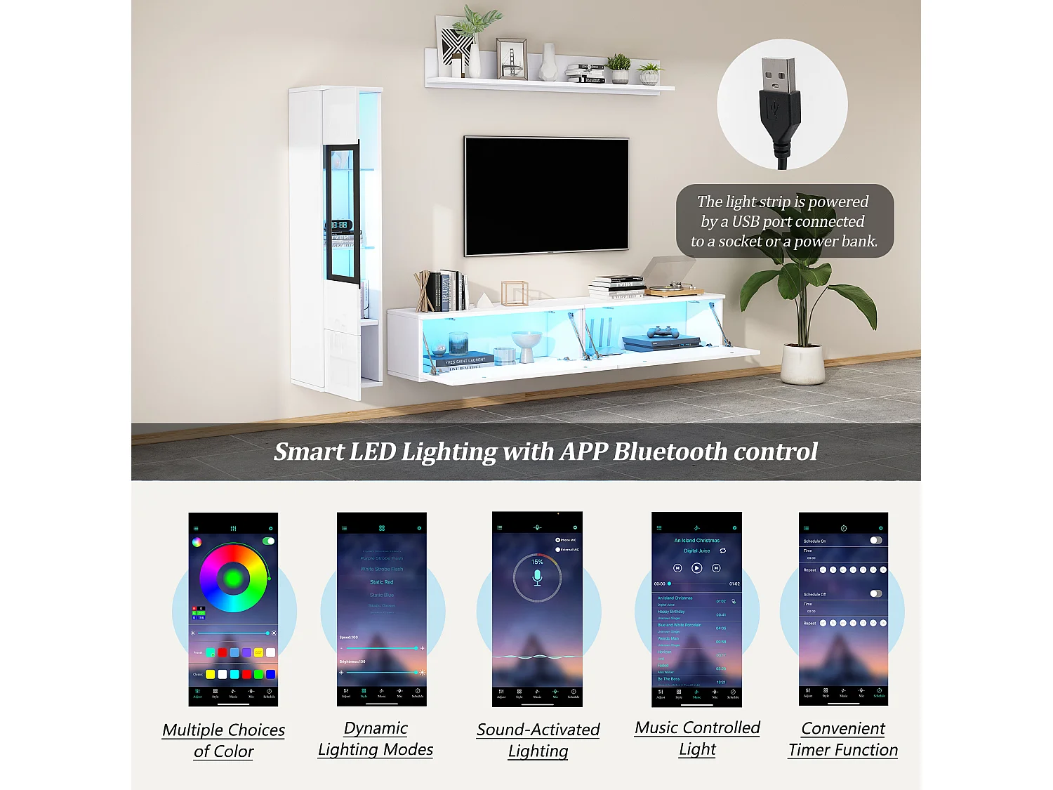 Mur TV z przechowalnią - Meble TV + Witryna z LED + Ekspozytor - Biały