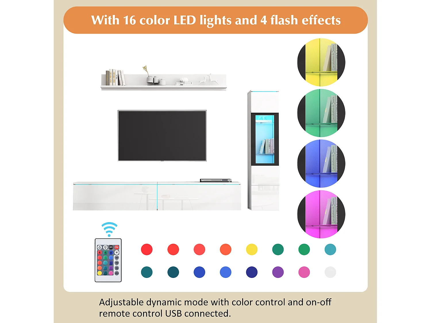 Mur TV z przechowalnią - Meble TV + Witryna z LED + Ekspozytor - Biały