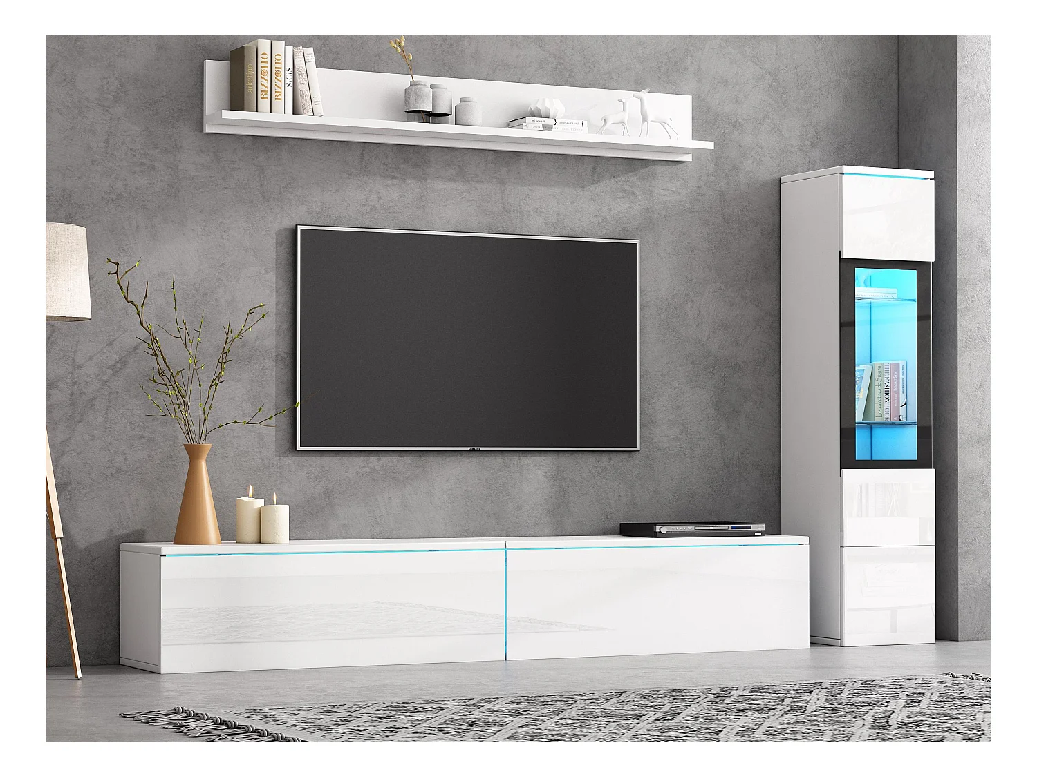 Mur TV avec rangements - Meuble TV + Vitrine avec LED + Présentoir - Blanc
