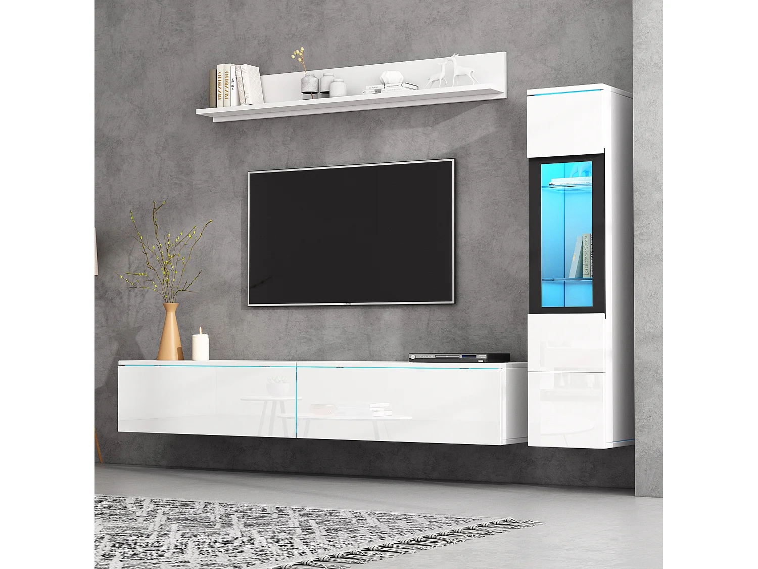 Mur TV avec rangements - Meuble TV + Vitrine avec LED + Présentoir - Blanc