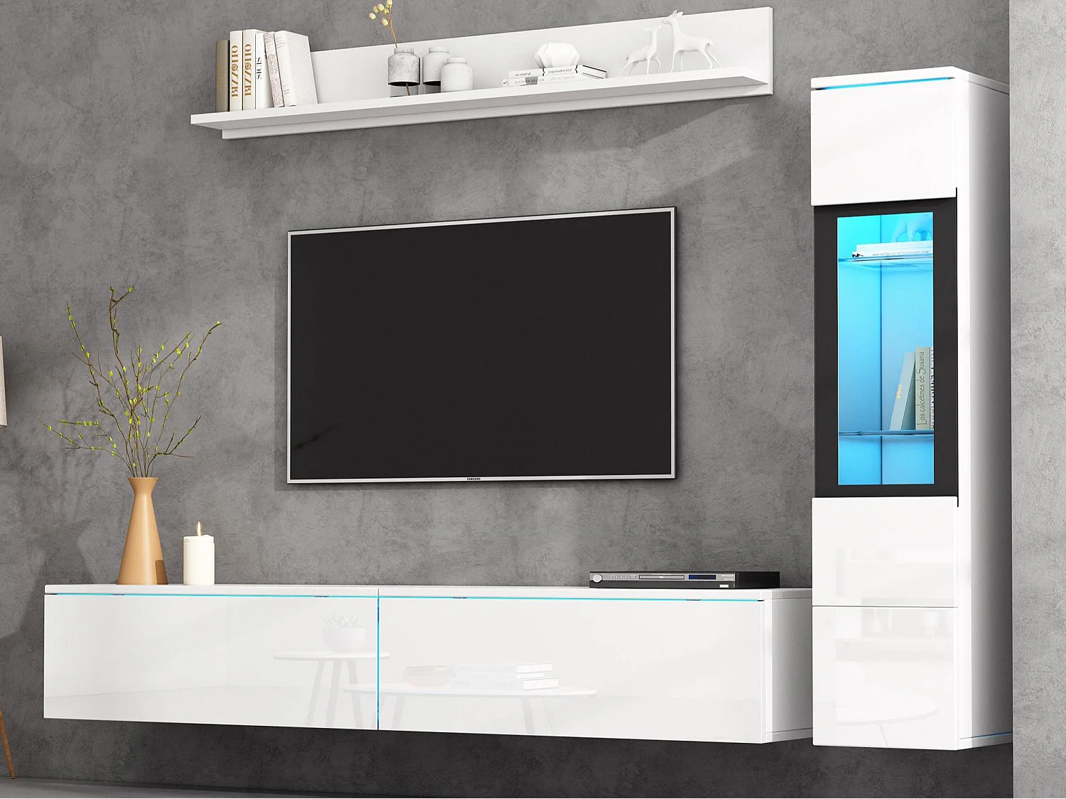 Ensemble meuble TV 3 pièces - Meuble TV + vitrine murale + étagère murale - avec éclairage LED - Blanc