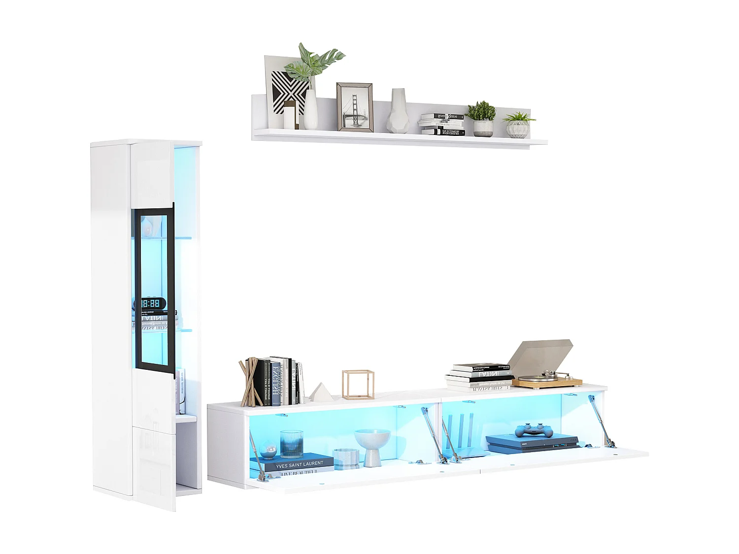 Ensemble meuble TV 3 pièces - Meuble TV + vitrine murale + étagère murale - avec éclairage LED - Blanc