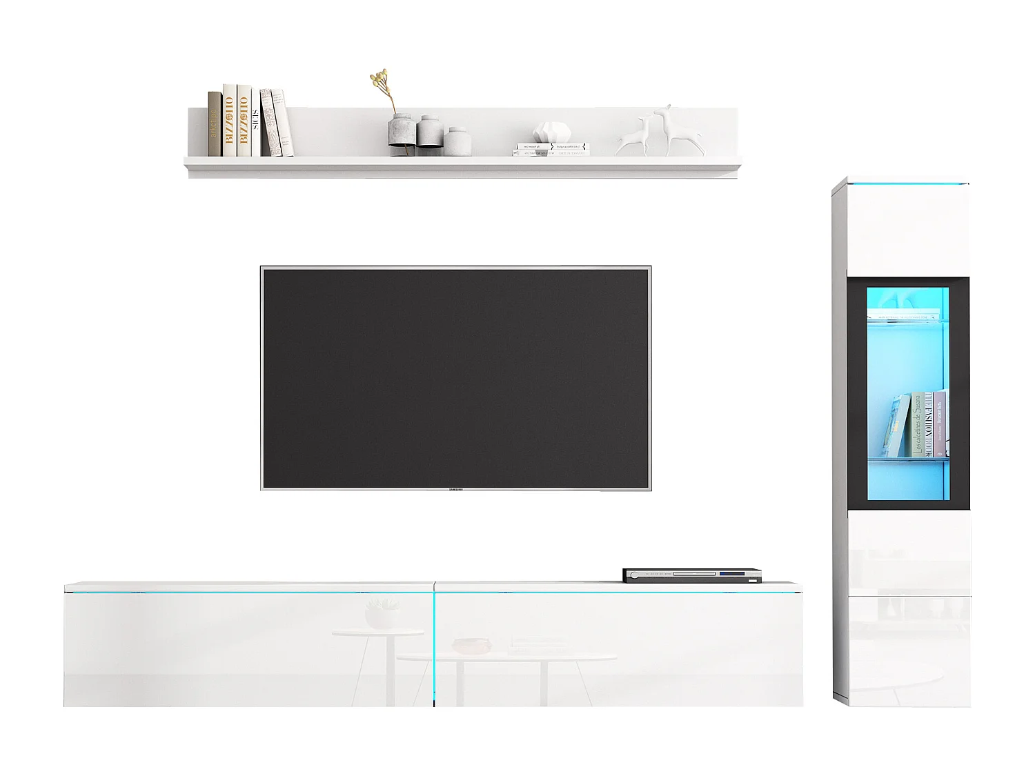 Ensemble meuble TV 3 pièces - Meuble TV + vitrine murale + étagère murale - avec éclairage LED - Blanc