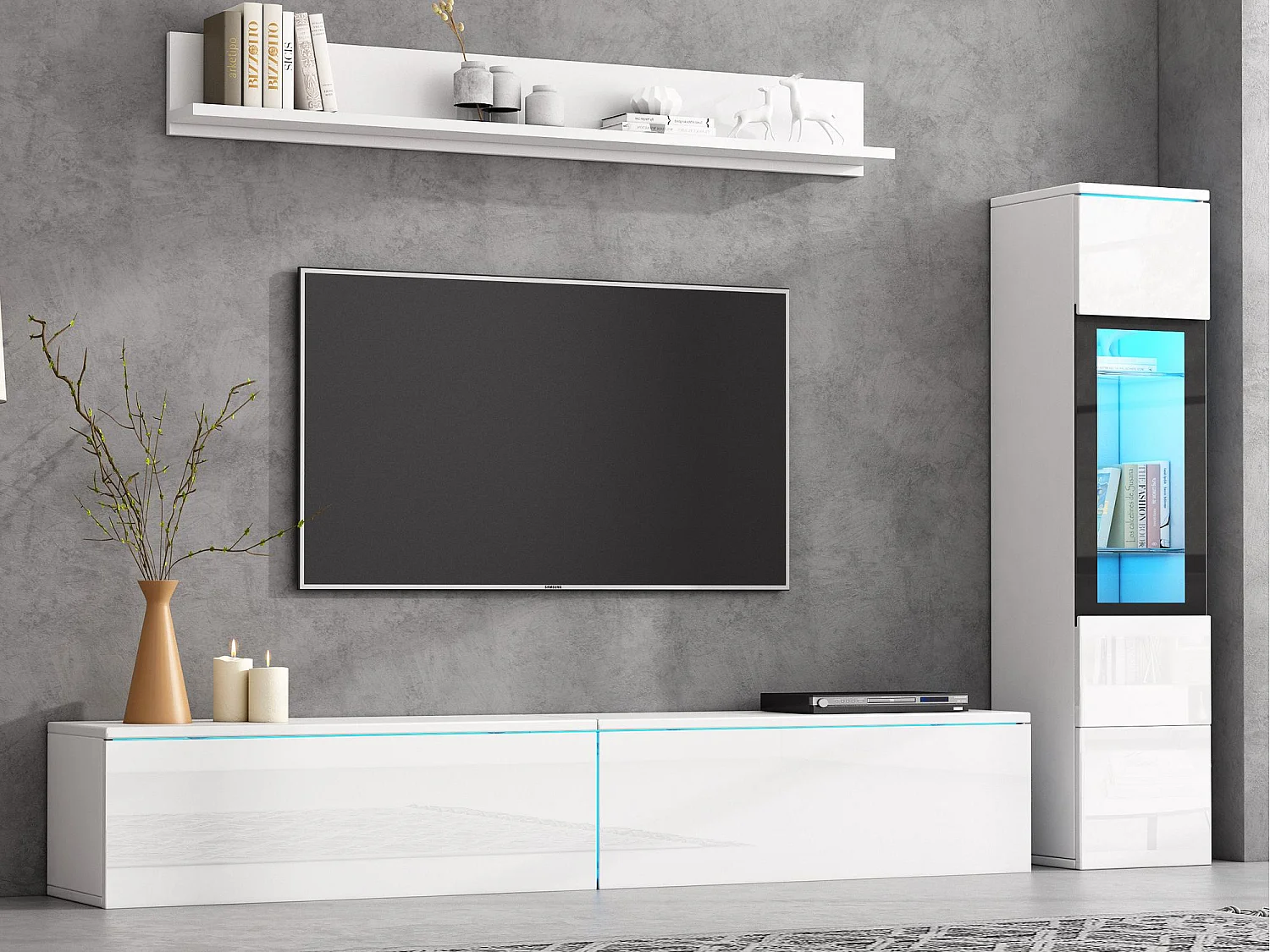Mur TV avec rangements - Meuble TV + Vitrine avec LED + Présentoir - Blanc