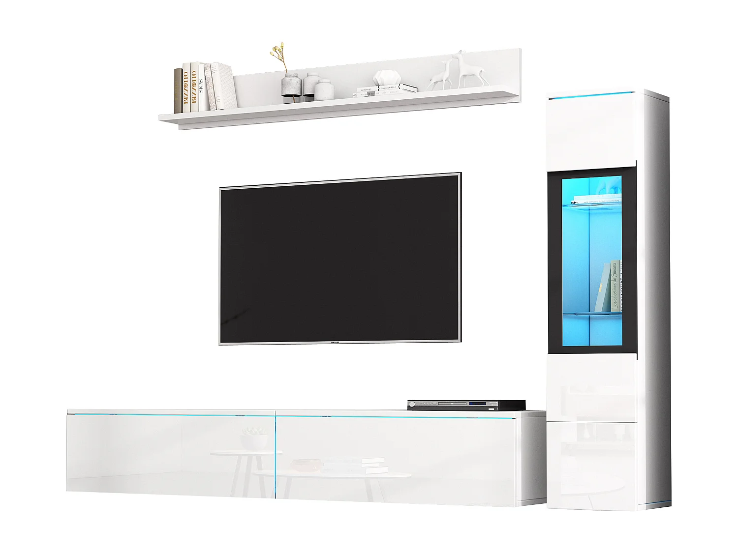 Mur TV avec rangements - Meuble TV + Vitrine avec LED + Présentoir - Blanc