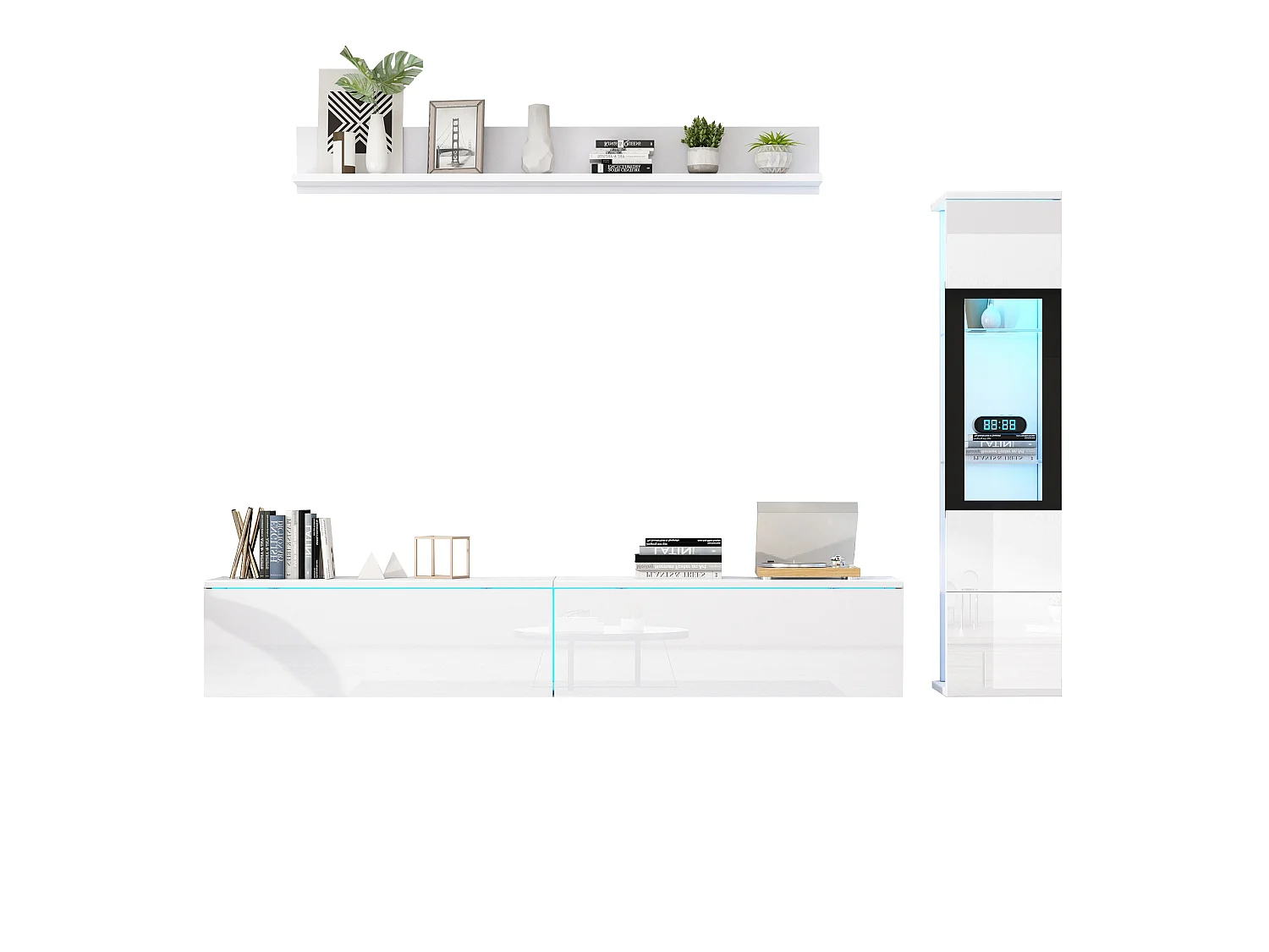 Mur TV avec rangements - Meuble TV + Vitrine avec LED + Présentoir - Blanc