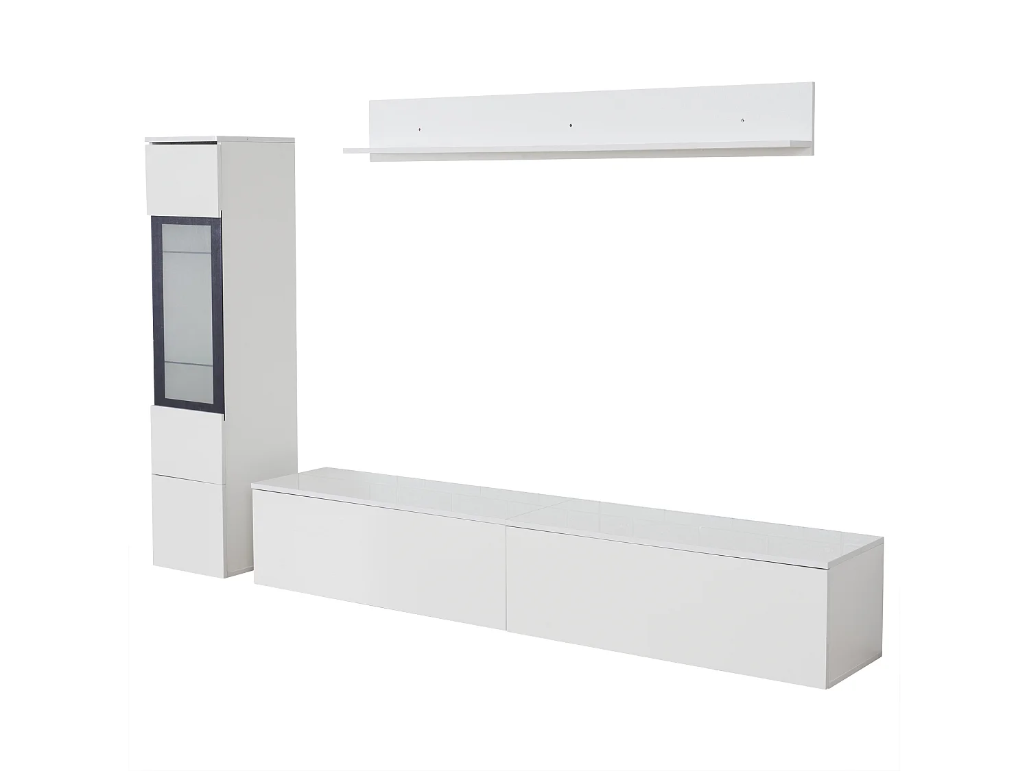 Mur TV avec rangements - Meuble TV + Vitrine avec LED + Présentoir - Blanc