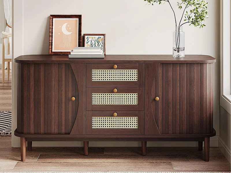 Modernes Sideboard – 2 Rattantüren mit 3 Schubladen – Braun