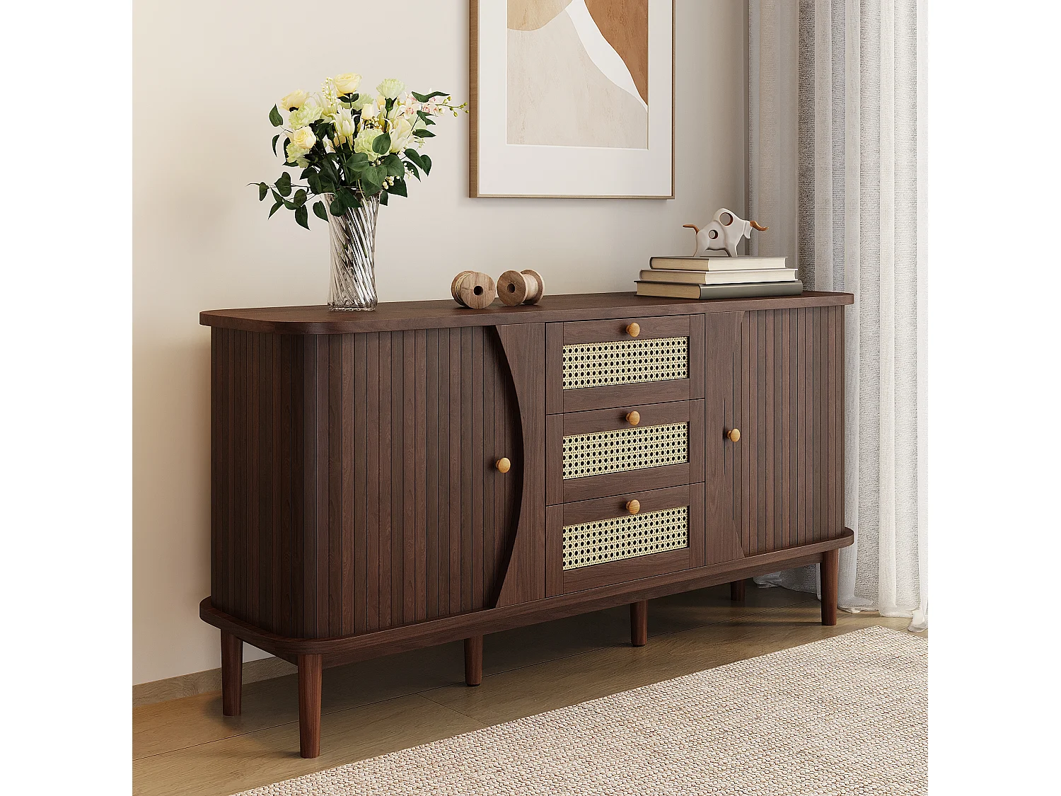 Buffet moderne - 2 portes en rotin avec 3 tiroirs - Marron