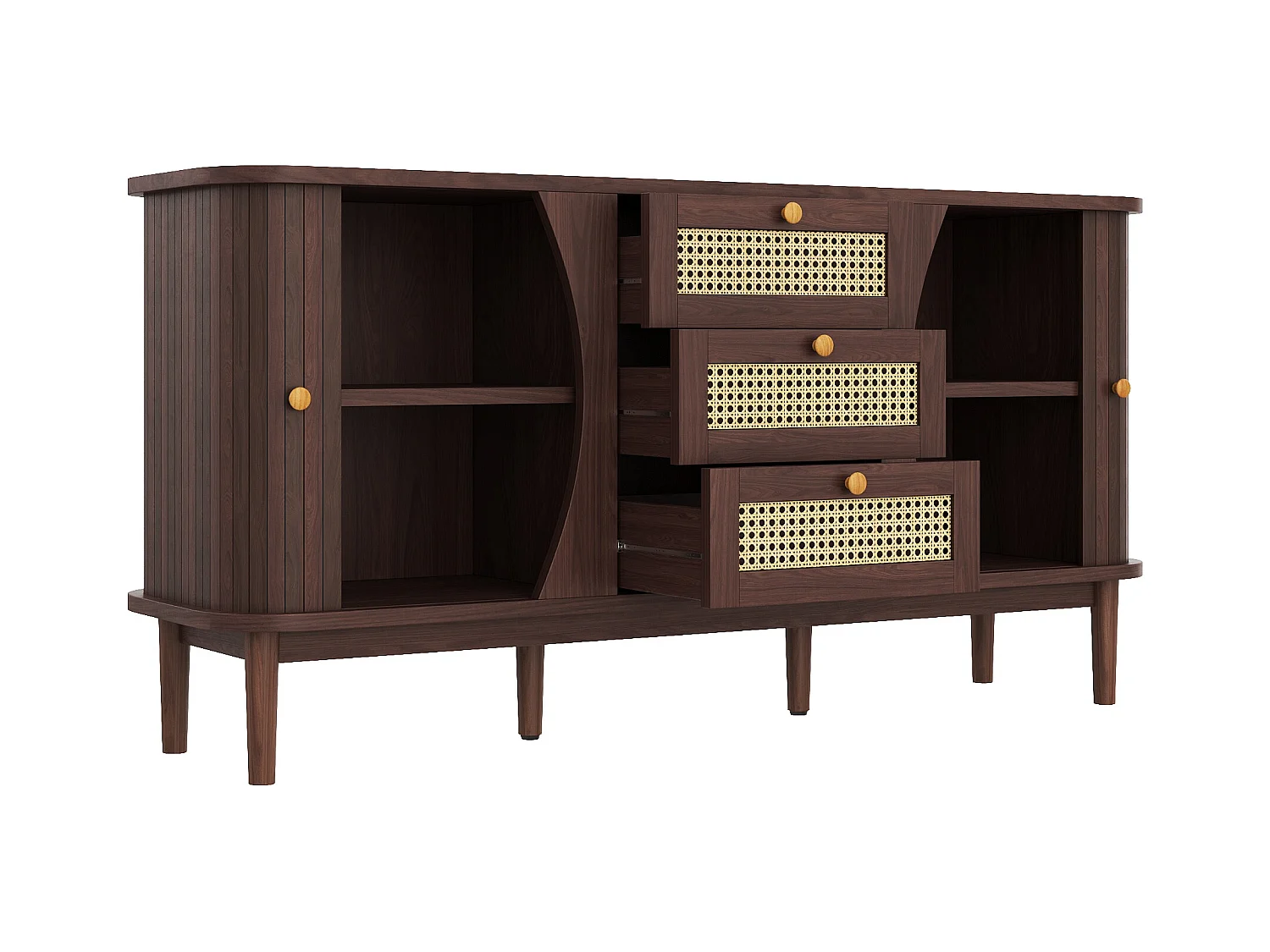 Buffet moderne - 2 portes en rotin avec 3 tiroirs - Marron