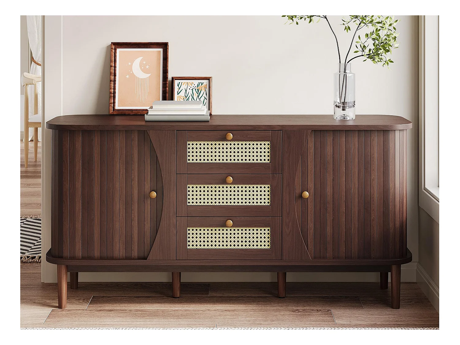 Buffet moderne - 2 portes en rotin avec 3 tiroirs - Marron