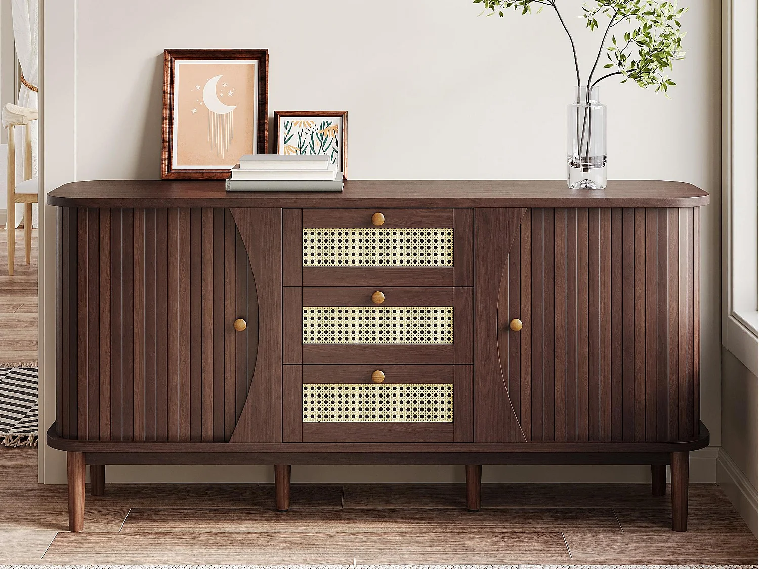 Modernes Sideboard – 2 Rattantüren mit 3 Schubladen – Braun