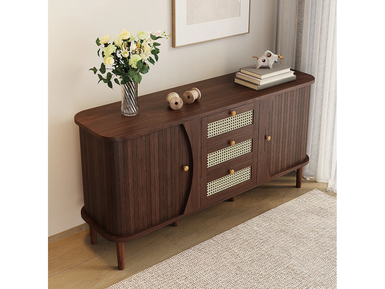 Modernes Sideboard – 2 Rattantüren mit 3 Schubladen – Braun
