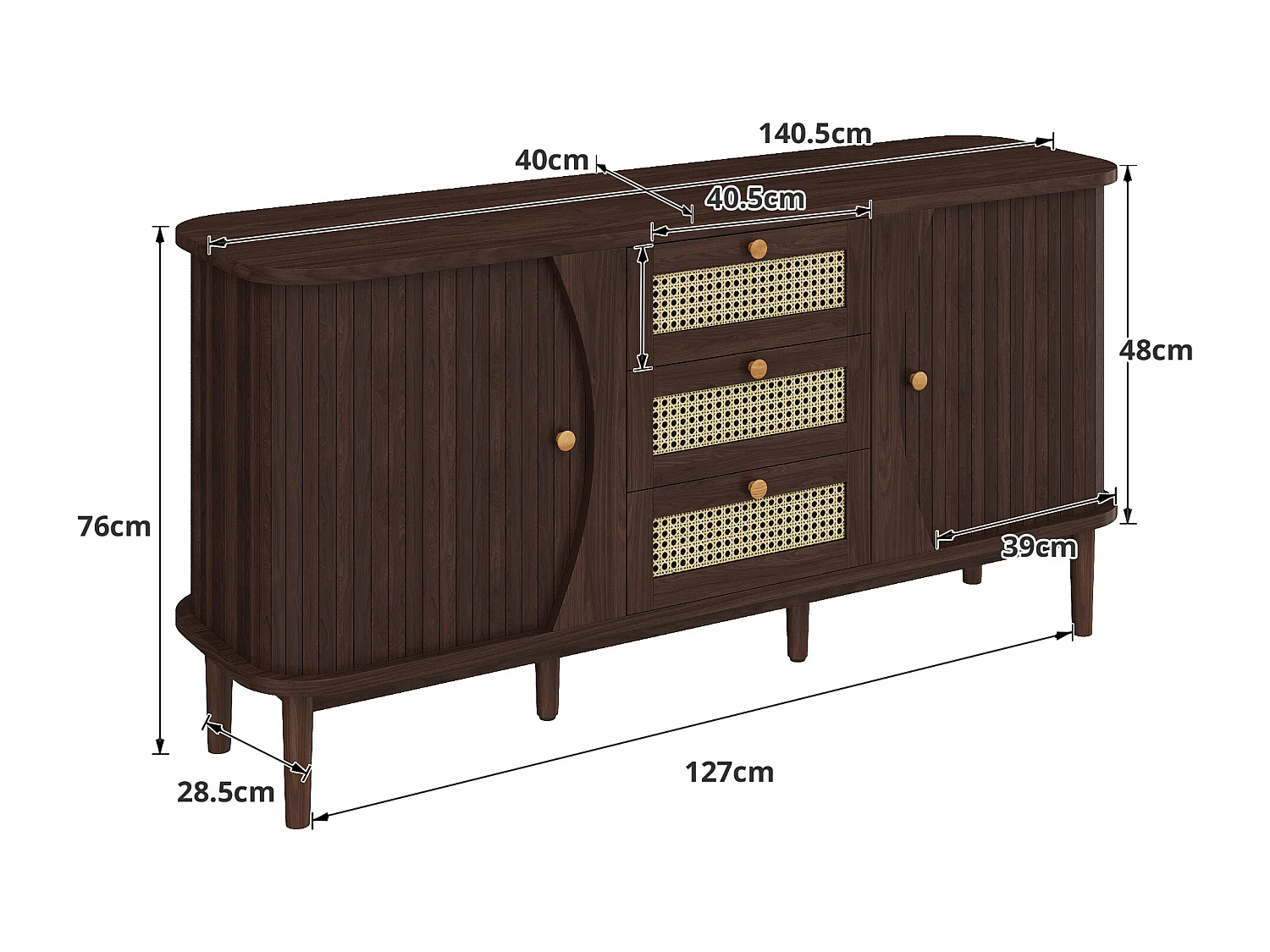 Modernes Sideboard – 2 Rattantüren mit 3 Schubladen – Braun