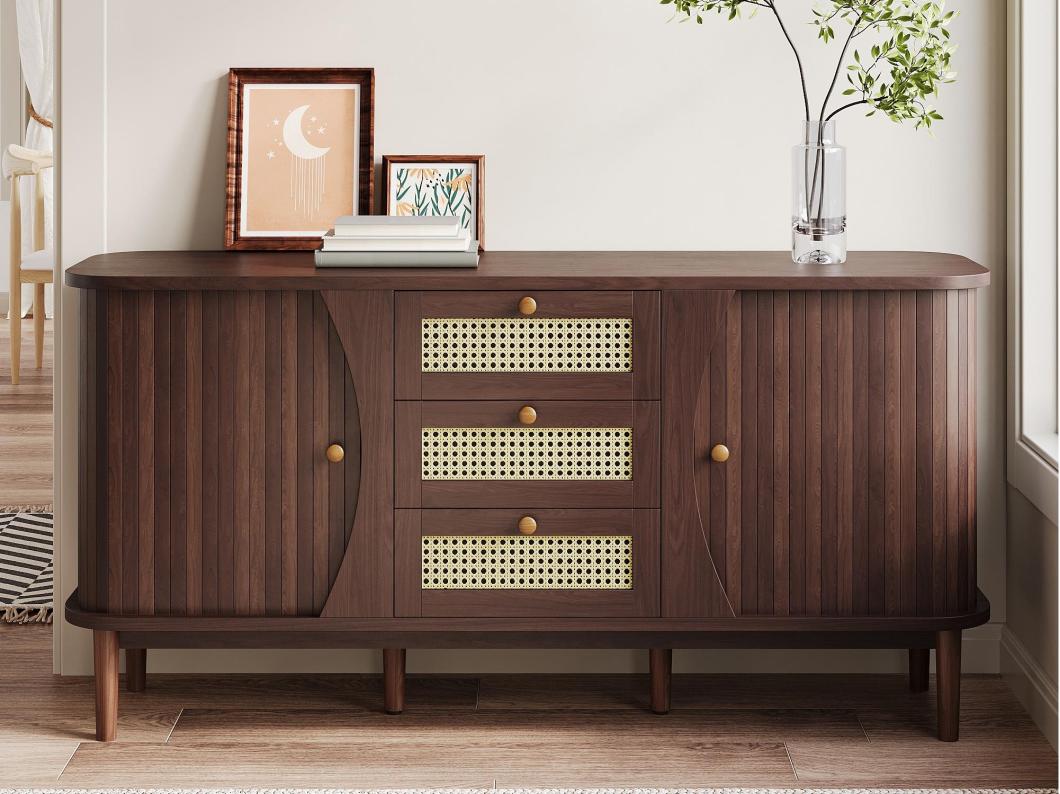 Modern dressoir - 2 rotan deuren met 3 lades - Bruin