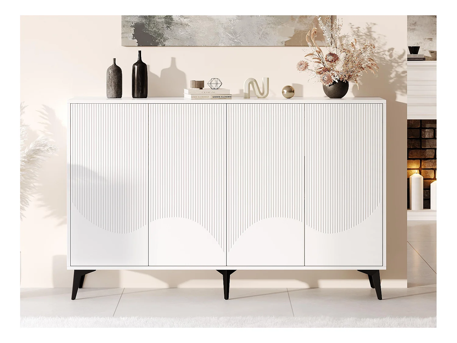 Buffet brillant moderne - 4 portes avec étagères réglables - Blanc