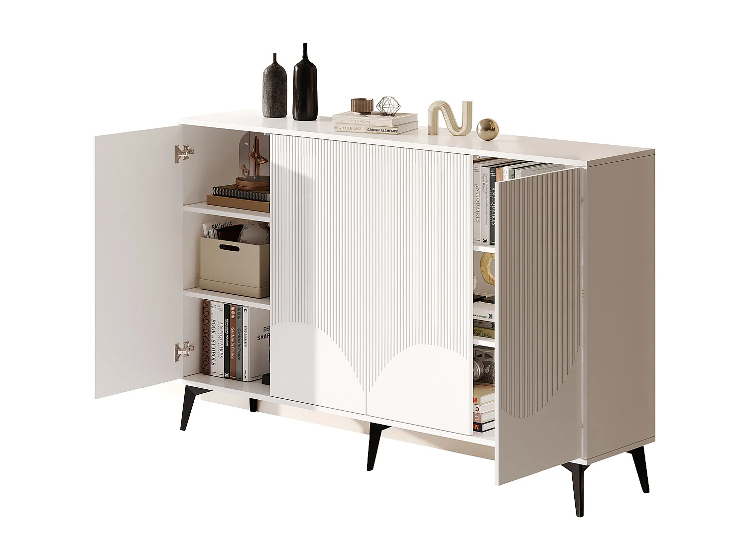 Buffet brillant moderne - 4 portes avec étagères réglables - Blanc