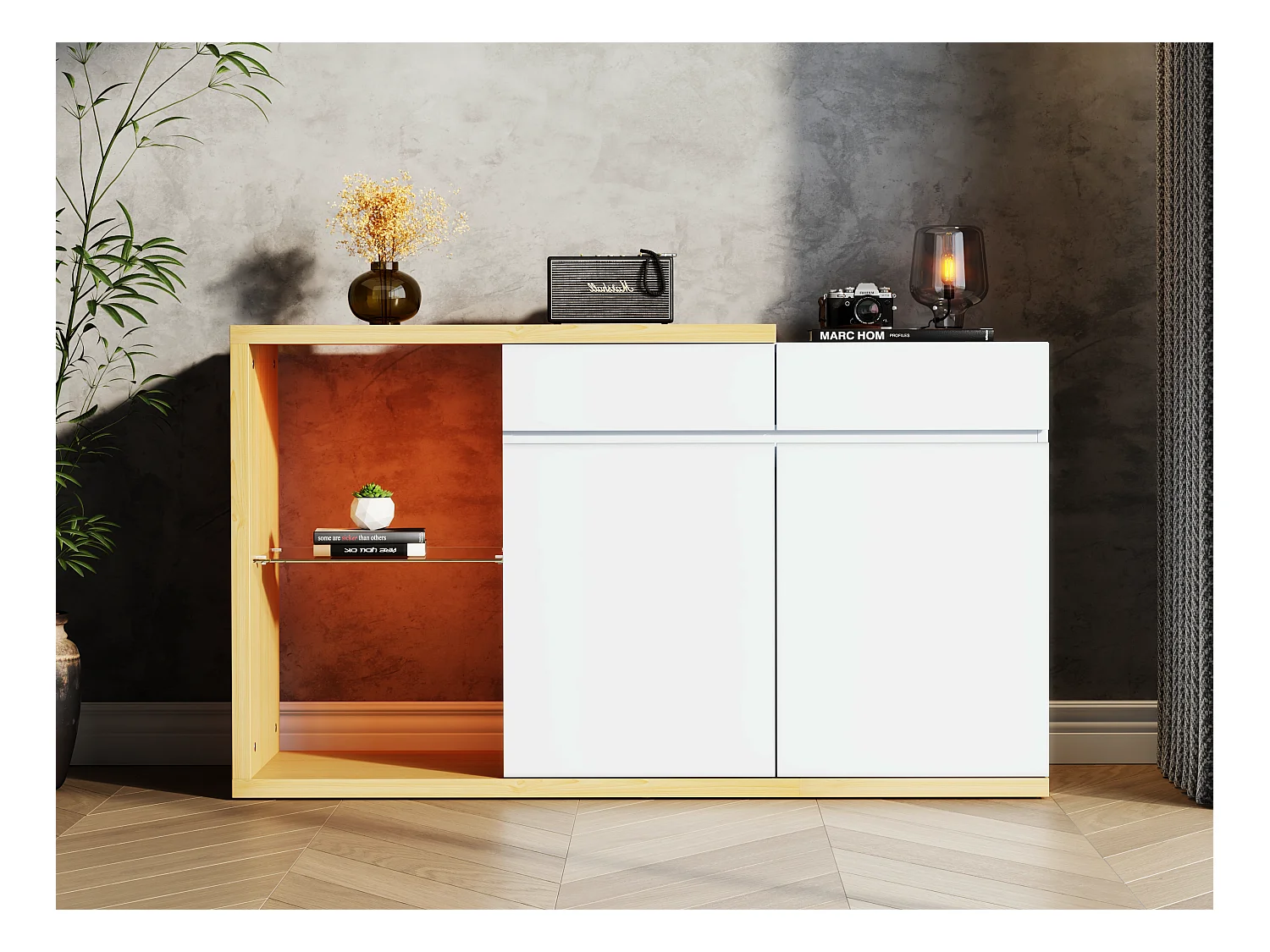 Dressoir met LED - 2 deuren en 2 lades - Wit & Naturel