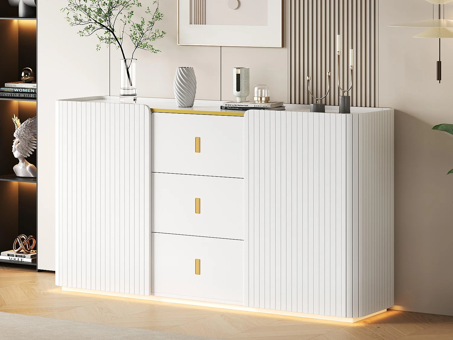 Buffet avec LED - 2 portes avec 4 étagères réglables et 3 tiroirs - Blanc