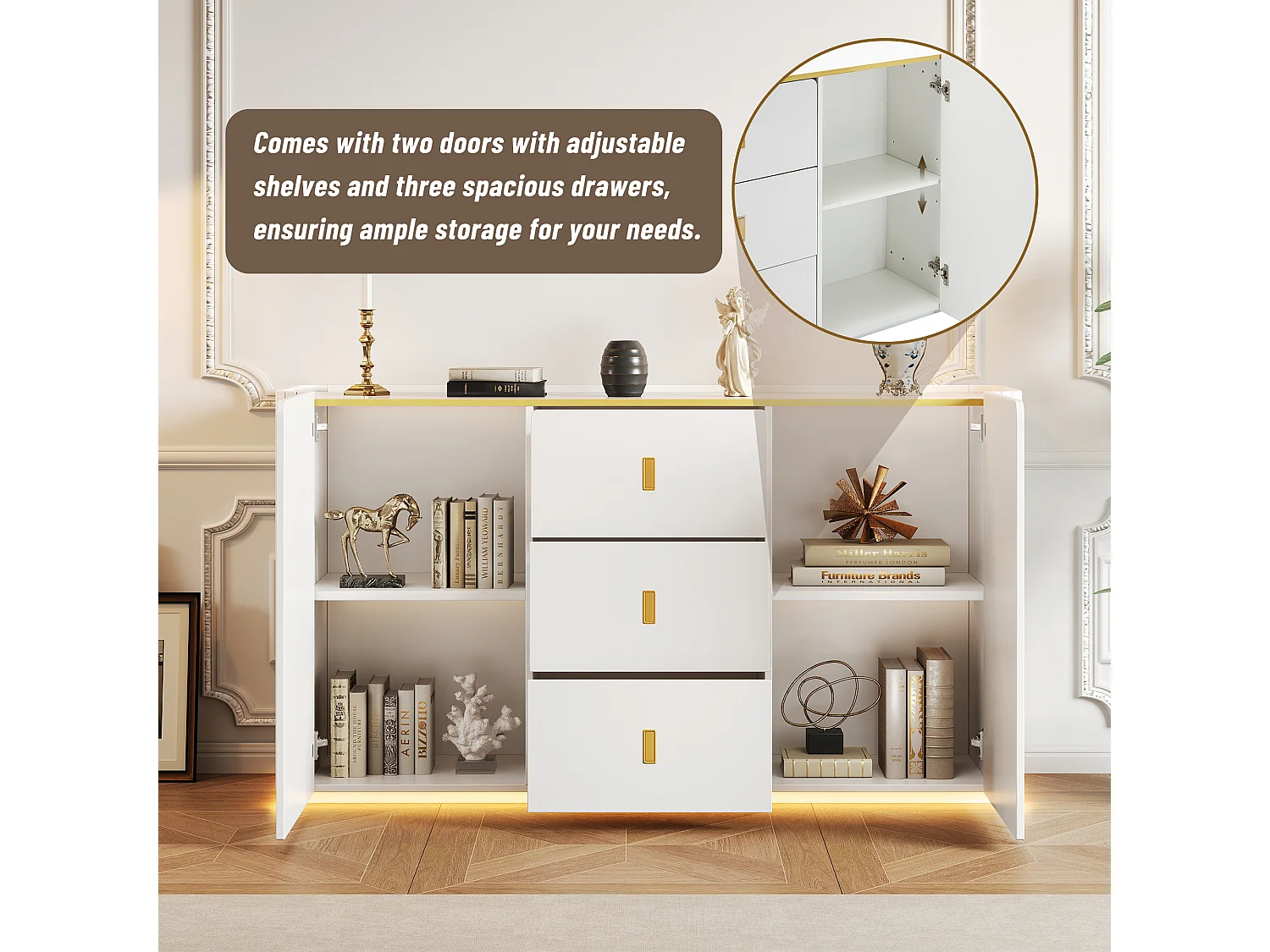 Buffet avec LED - 2 portes avec 4 étagères réglables et 3 tiroirs - Blanc