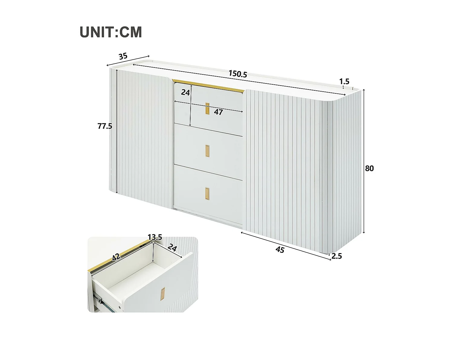 Buffet avec LED - 2 portes avec 4 étagères réglables et 3 tiroirs - Blanc