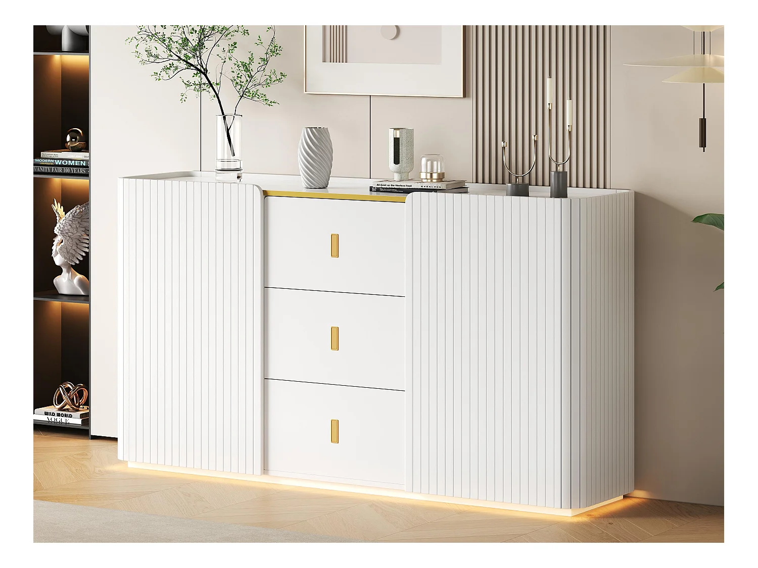 Buffet avec LED - 2 portes avec 4 étagères réglables et 3 tiroirs - Blanc