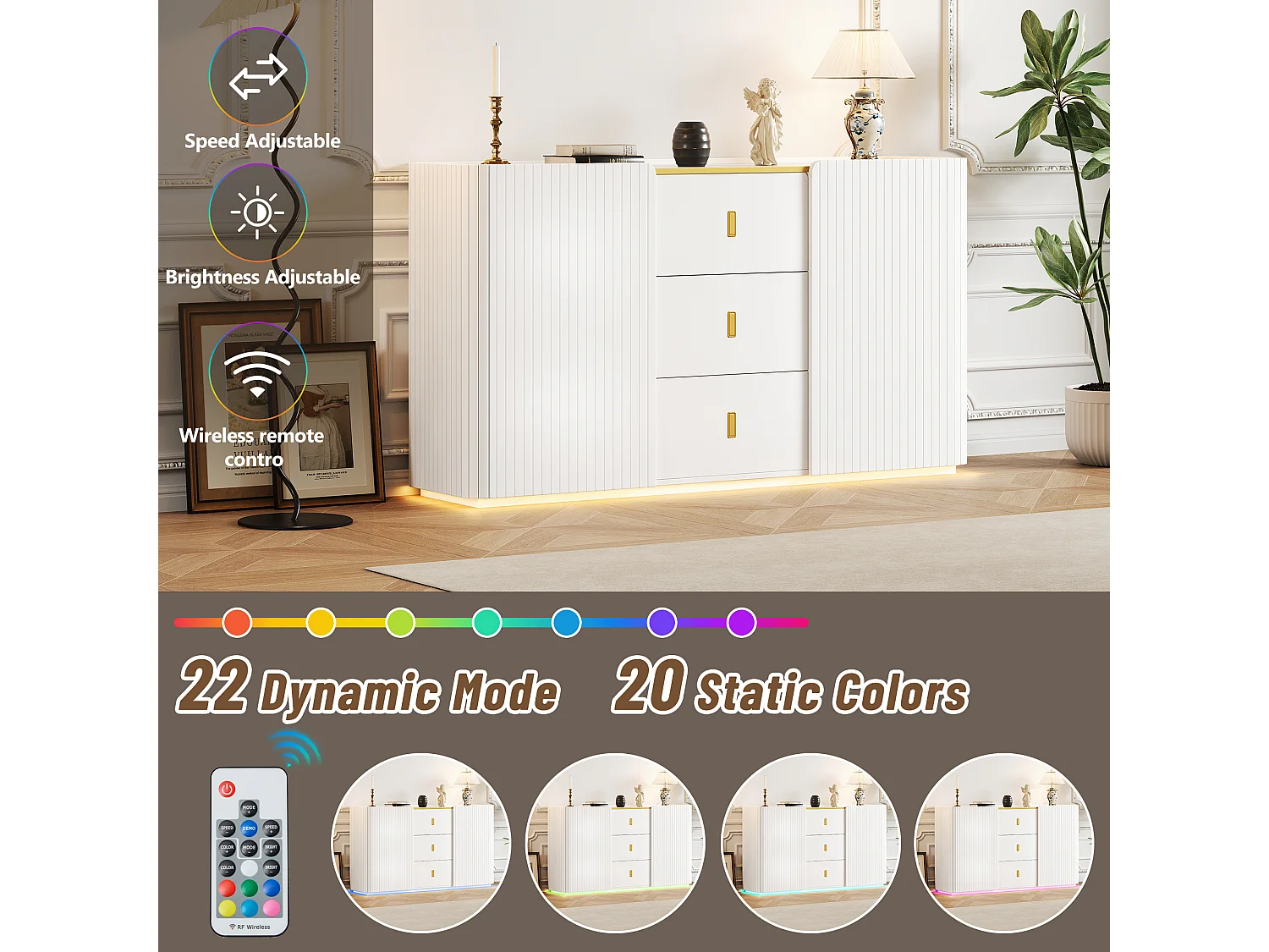 Credenza con LED - 2 ante con 4 ripiani regolabili e 3 cassetti - Bianco