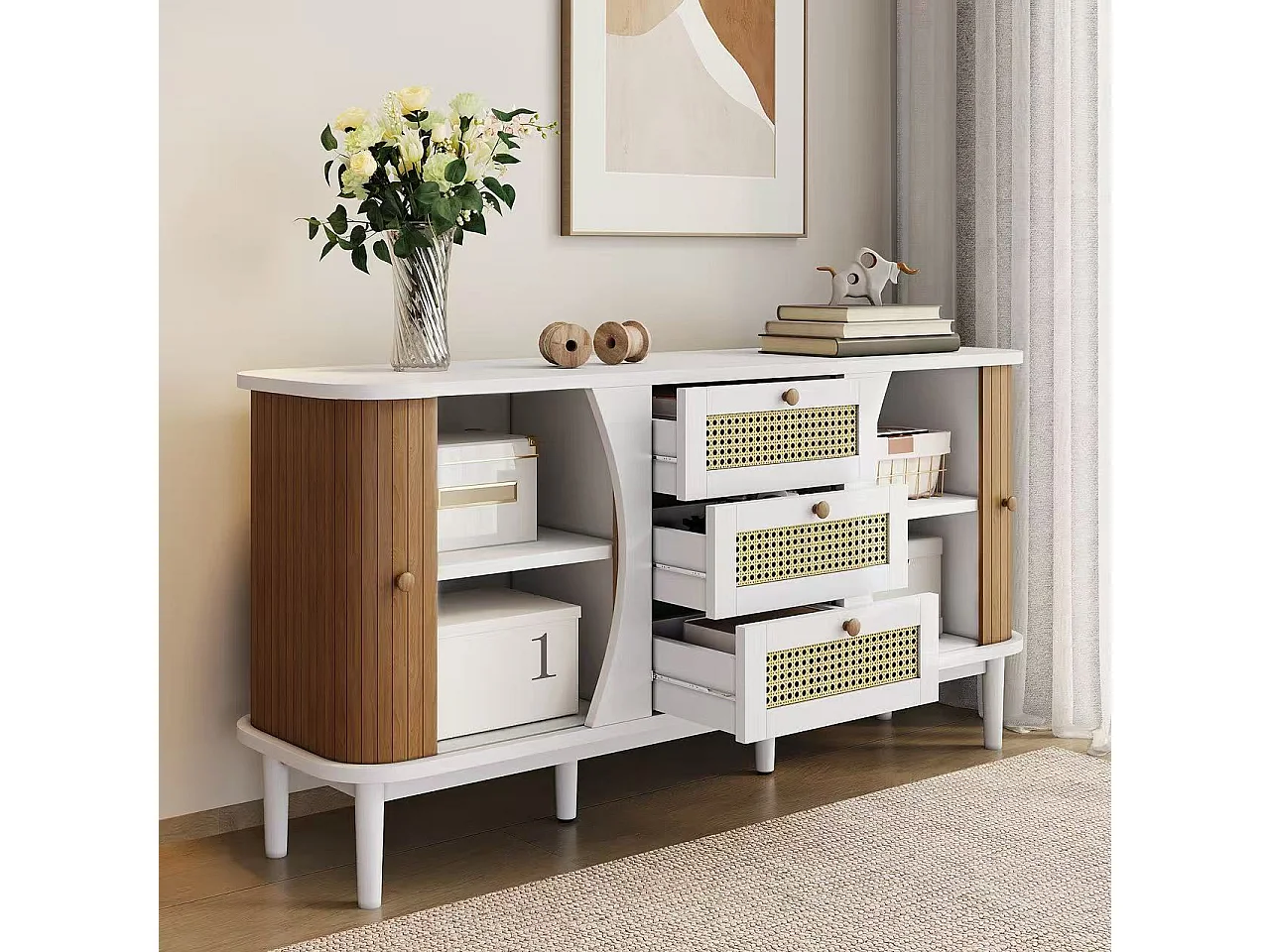 Nowoczesny bufet - 2 drzwi z rattanu z 3 szufladami - Biały