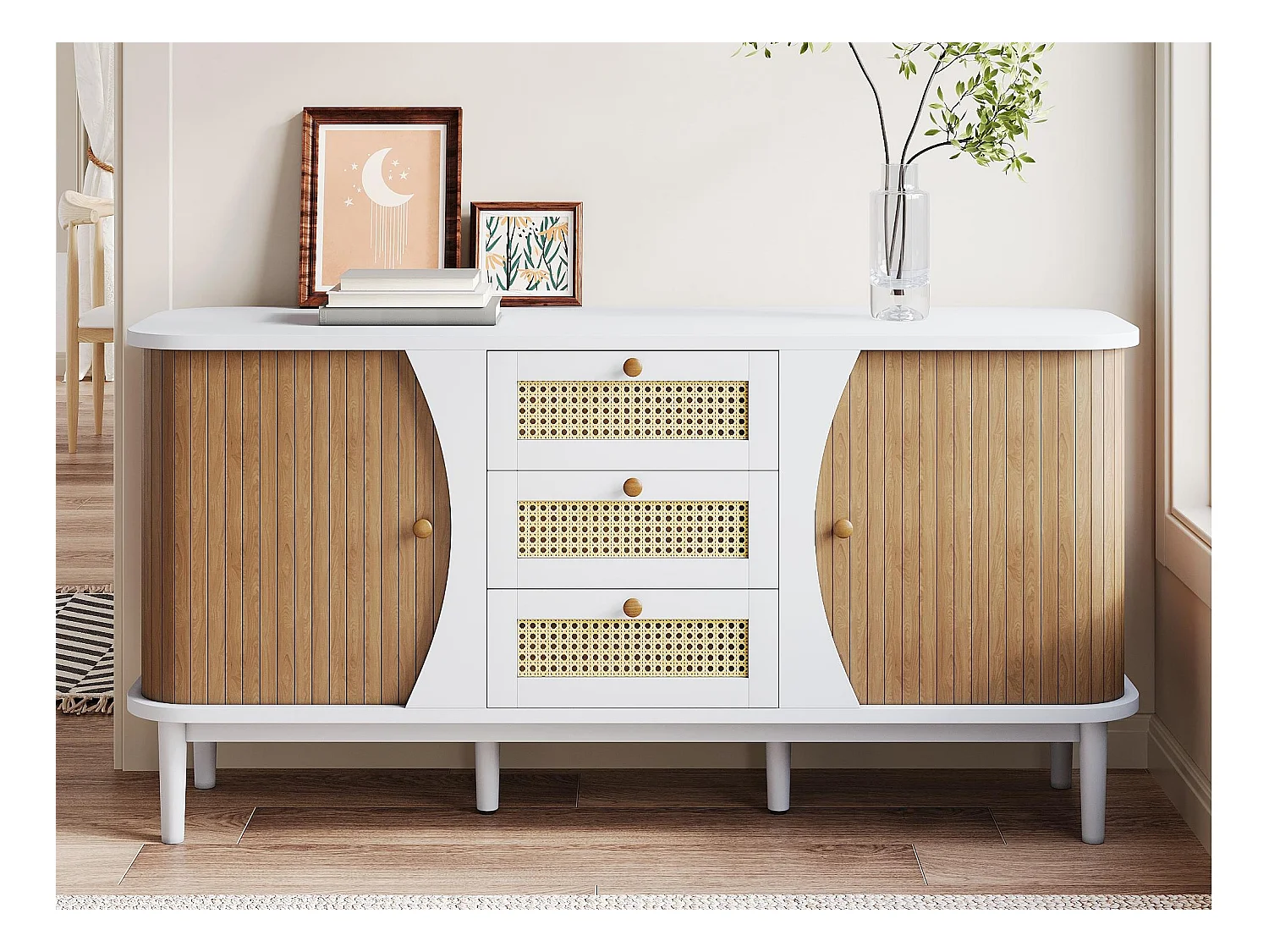 Buffet moderne - 2 portes en rotin avec 3 tiroirs - Blanc