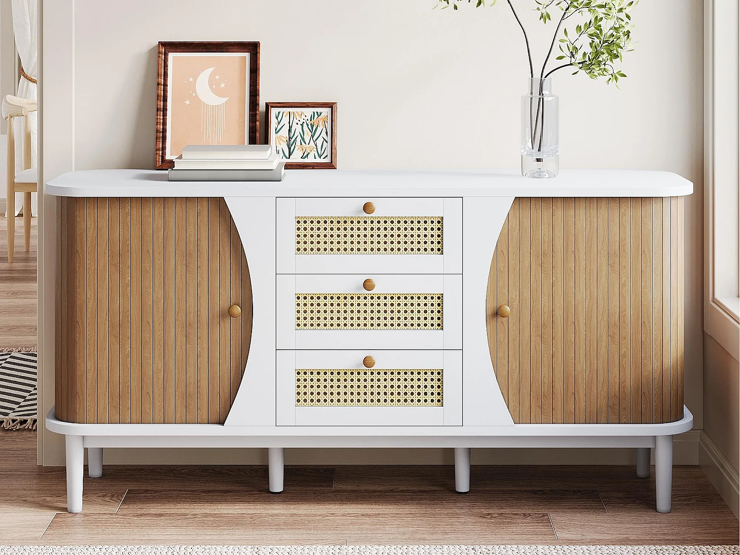 Buffet moderne - 2 portes en rotin avec 3 tiroirs - Blanc