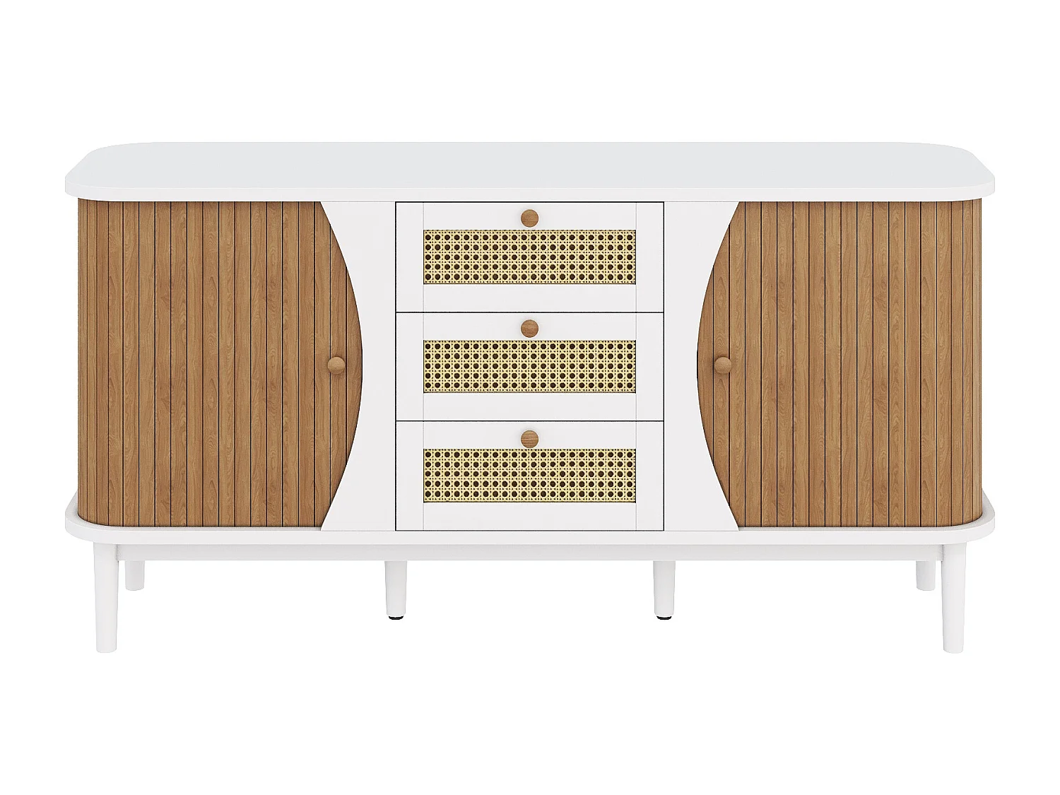 Buffet moderne - 2 portes en rotin avec 3 tiroirs - Blanc