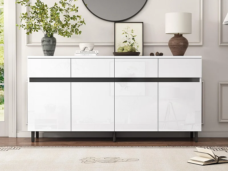 Modernes Hochglanz-Sideboard – 4 Türen mit 4 verstellbaren Einlegeböden und 4 Schubladen – Weiß