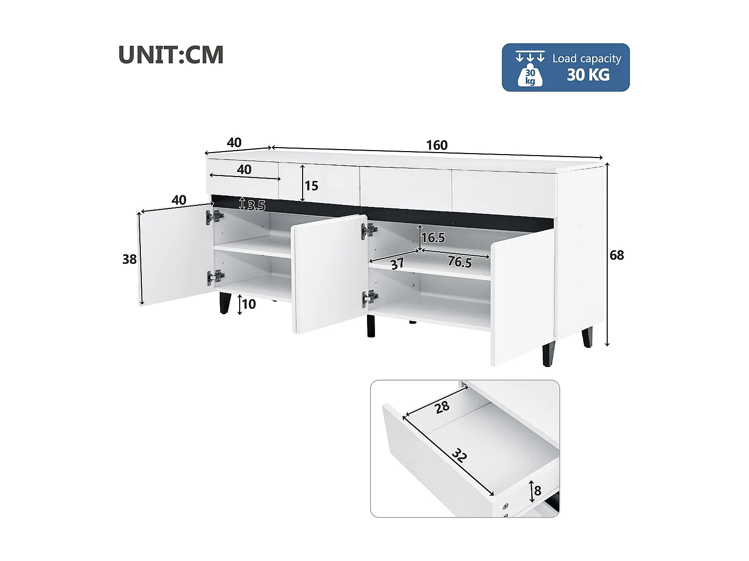 Buffet brillant moderne - 4 portes avec 4 étagères réglables et 4 tiroirs - Blanc