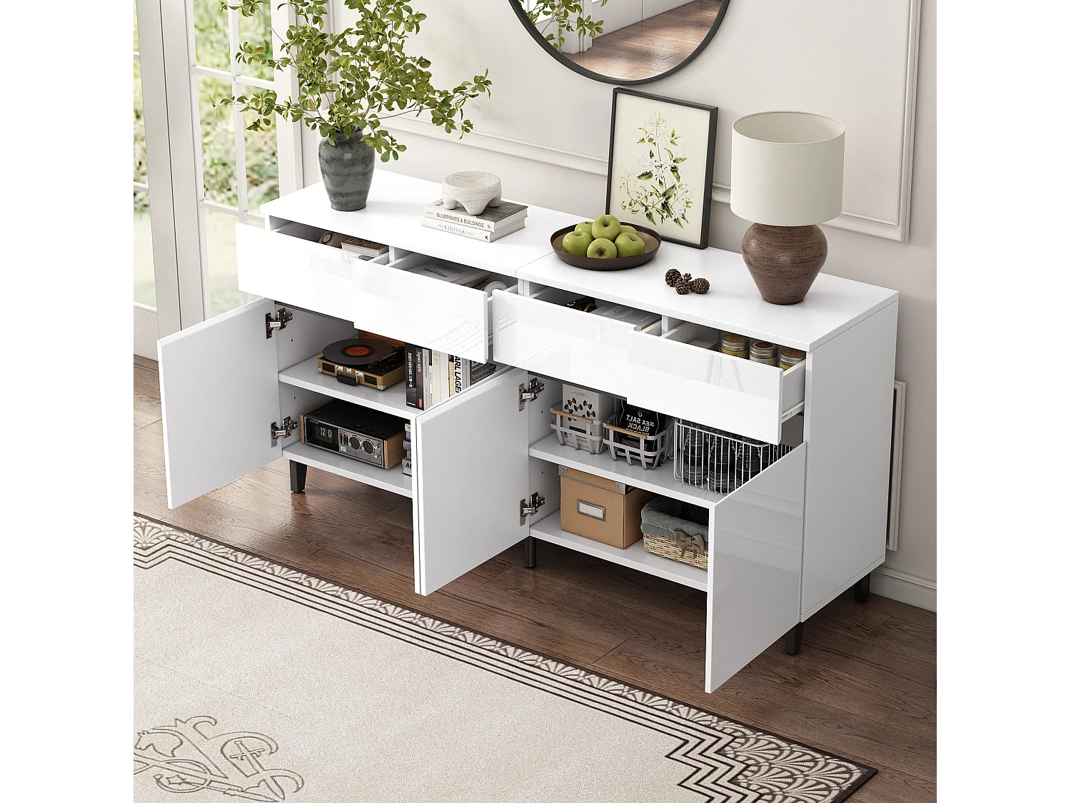 Buffet brillant moderne - 4 portes avec 4 étagères réglables et 4 tiroirs - Blanc
