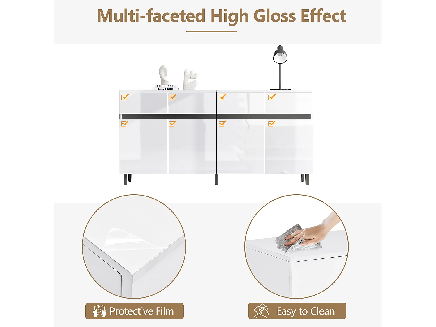 Buffet brillant moderne - 4 portes avec 4 étagères réglables et 4 tiroirs - Blanc