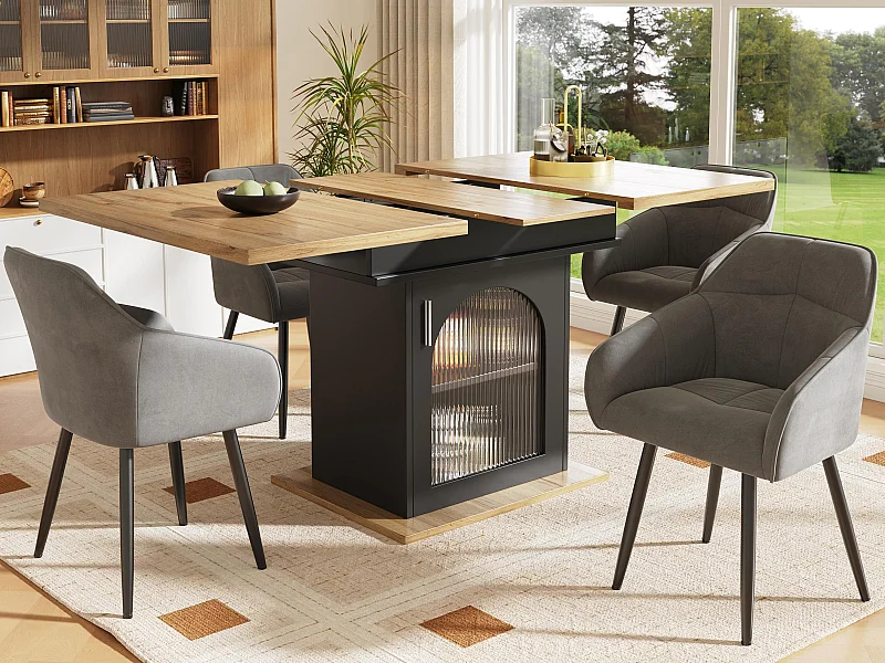 Mesa de jantar retrátil - em MDF - com arrumação - Preto & Natural