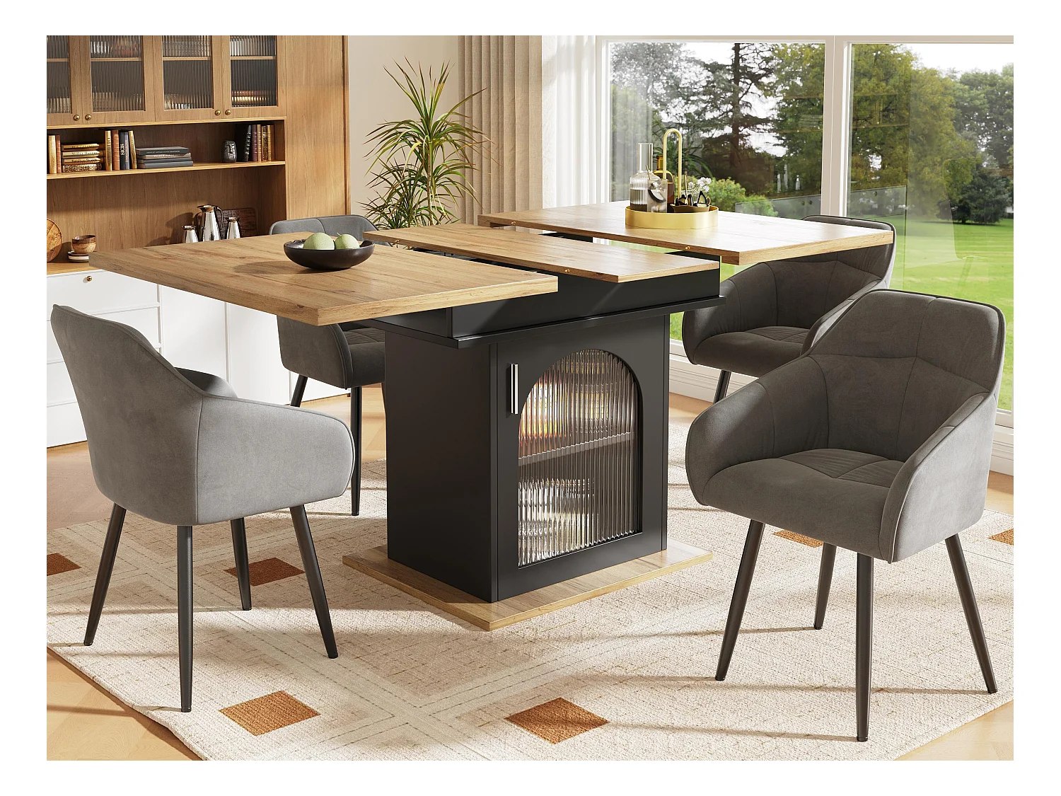 Table à manger escamotable - en MDF - avec rangements - Noir & Naturel