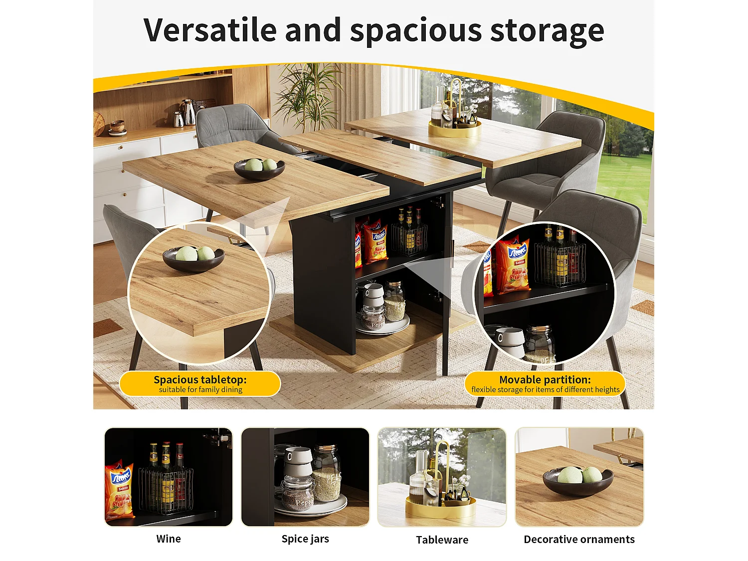 Table à manger escamotable - en MDF - avec rangements - Noir & Naturel