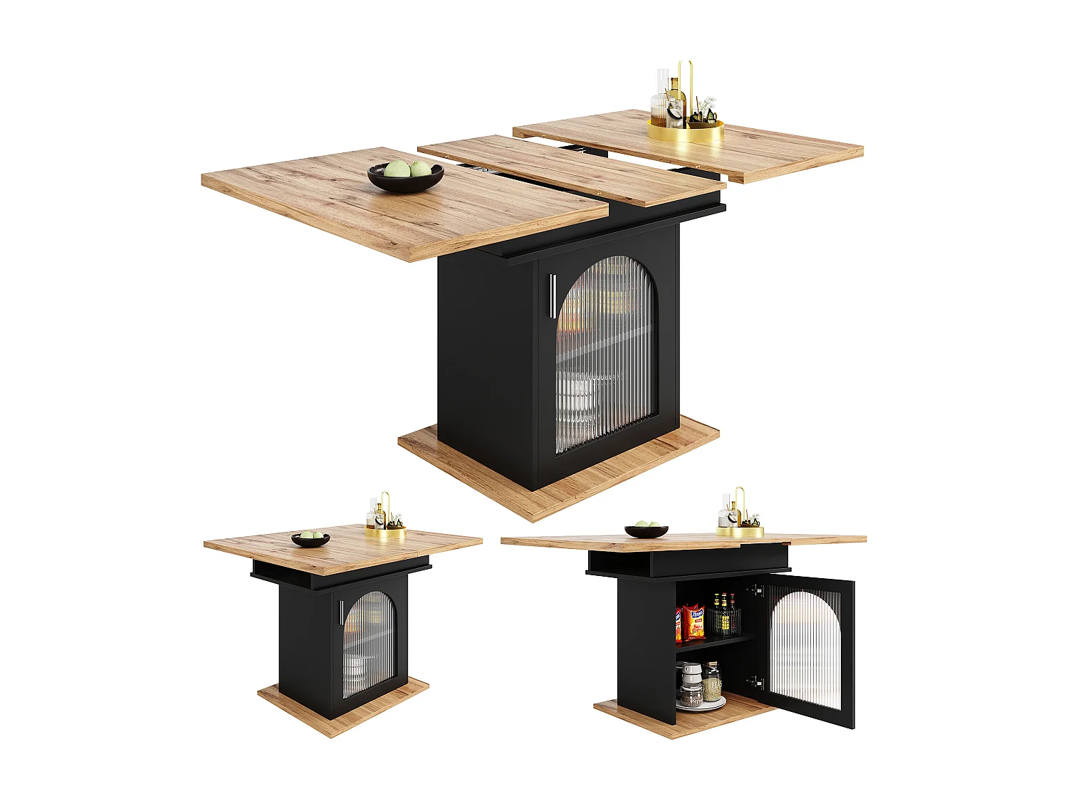 Table à manger escamotable - en MDF - avec rangements - Noir & Naturel