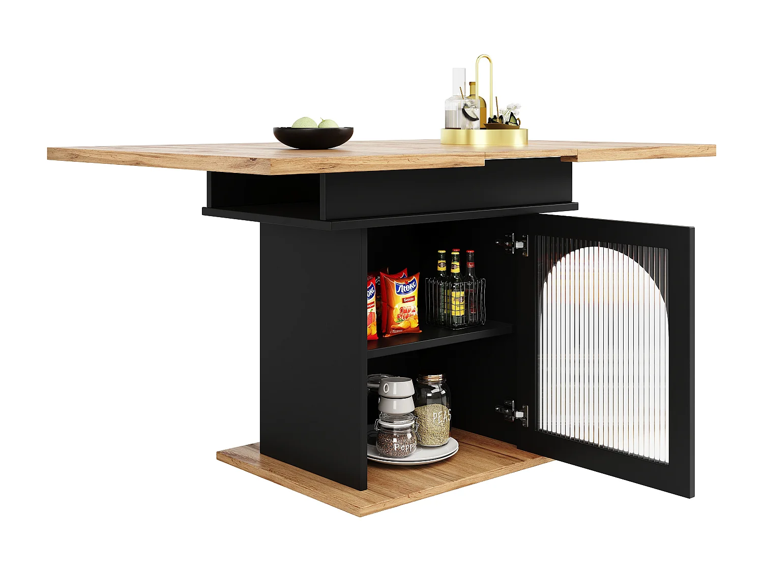 Table à manger escamotable - en MDF - avec rangements - Noir & Naturel