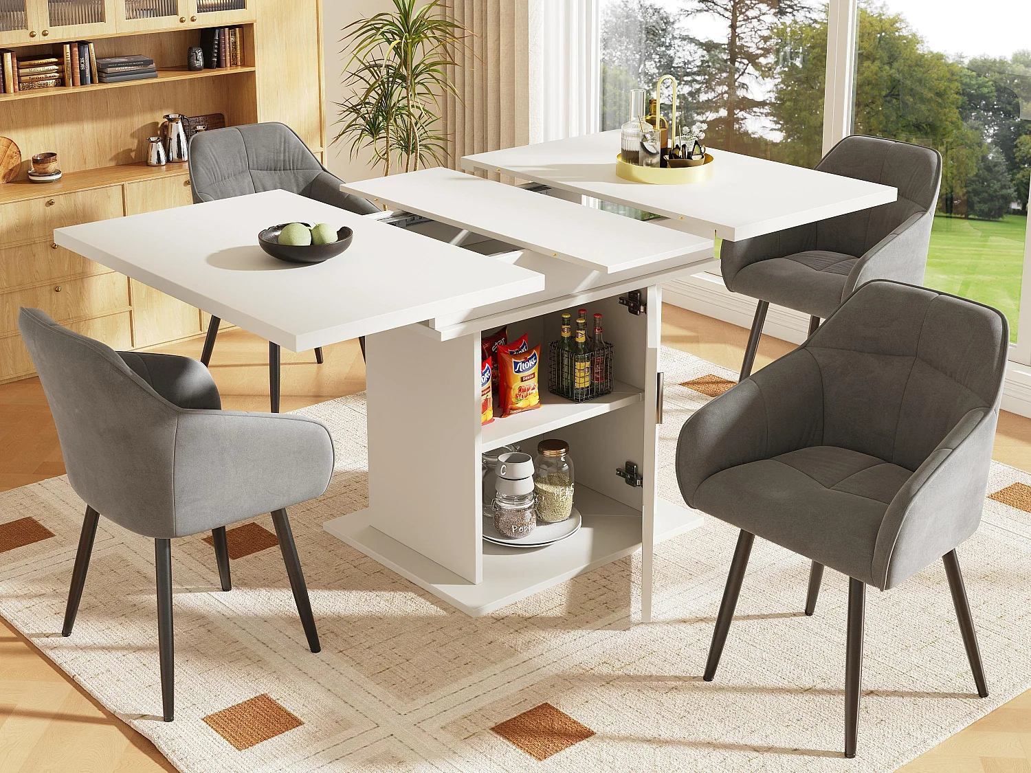 Table à manger escamotable - en MDF - avec rangements - Blanc