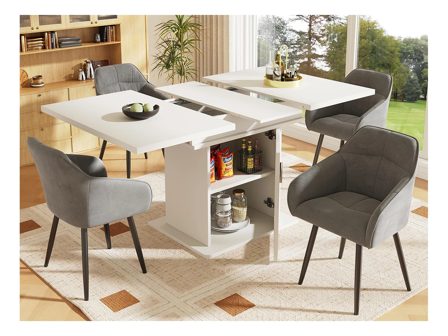 Table à manger escamotable - en MDF - avec rangements - Blanc
