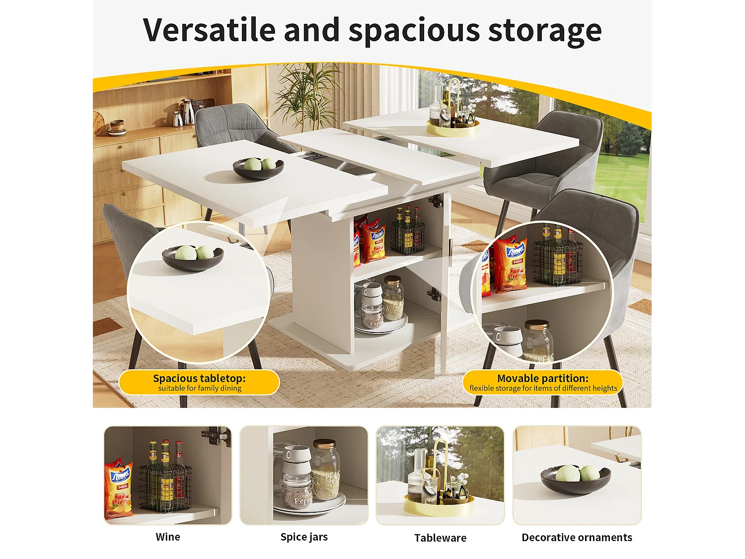 Table à manger escamotable - en MDF - avec rangements - Blanc