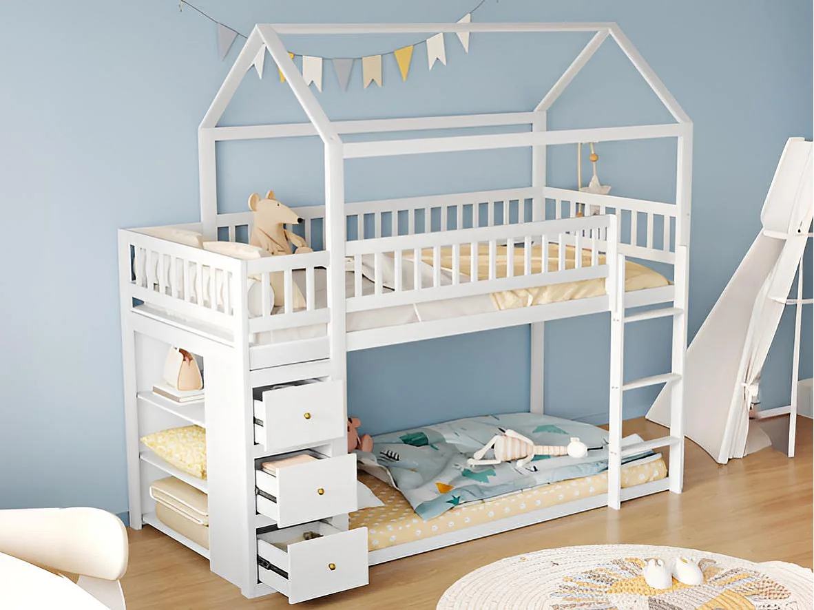 Letto a castello 90x200 cm in legno massello - con cassetti + ripiani - Bianco