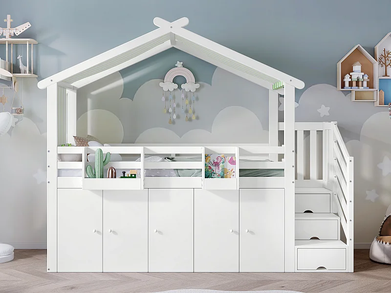 Hochbett 90x200 cm - aus Massivholz - mit 1 Schrank, 2 Regalen und Treppe mit Stauraum - Weiß