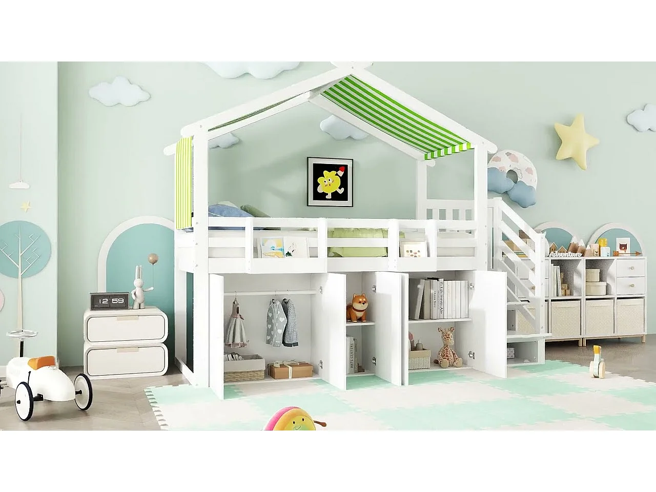 Lit mezzanine 90x200 cm - en bois massif - avec 1 armoire、2 casiers et escalier de rangement - Blanc