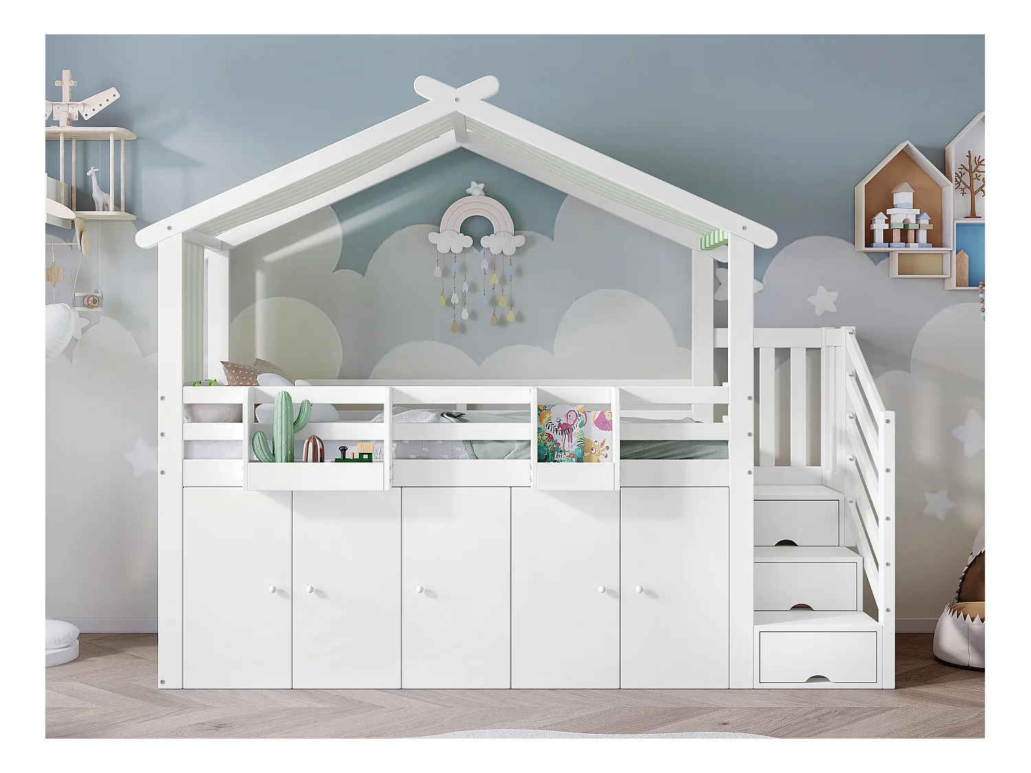 Lit mezzanine 90x200 cm - en bois massif - avec 1 armoire、2 casiers et escalier de rangement - Blanc
