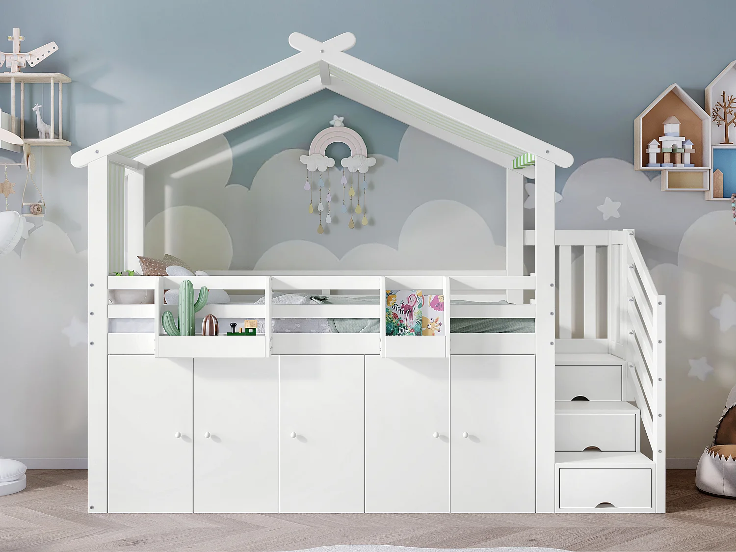 Lit mezzanine 90x200 cm - en bois massif - avec 1 armoire、2 casiers et escalier de rangement - Blanc